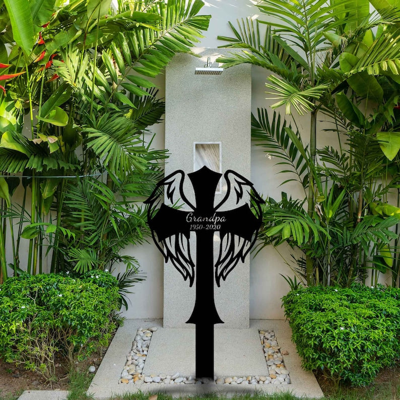 Custom Memorial Cross With Wings Metal Stake, Memorial Garden Decor, Personalized Angel Cross Signs, Outdoor Grave Markers, Sympathy Gift