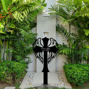 Custom Memorial Cross With Wings Metal Stake, Memorial Garden Decor, Personalized Angel Cross Signs, Outdoor Grave Markers, Sympathy Gift