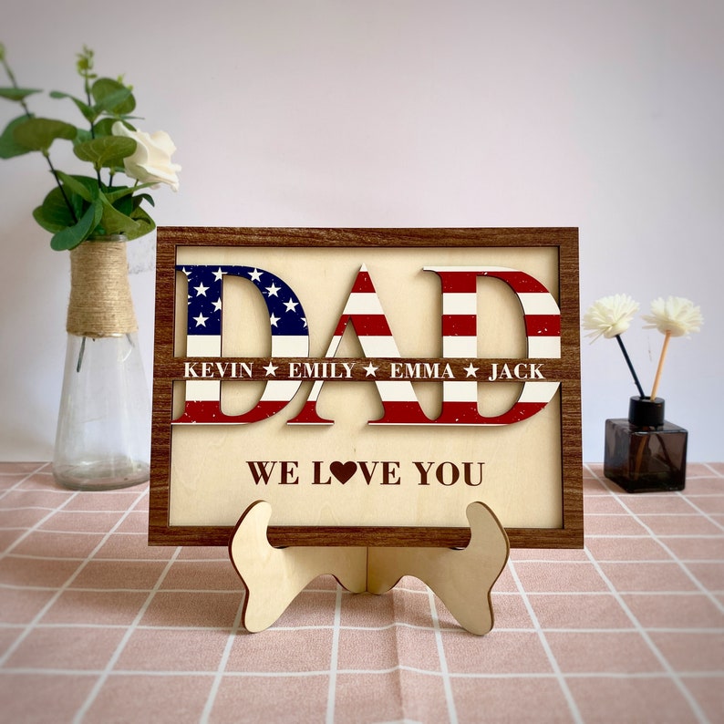 Personalized Dad Sign with Kids' Names, Custom Gift For Father s Day, USA Flag Wall Art for Father, Grandpa Gift, Unique Father's Day Idea