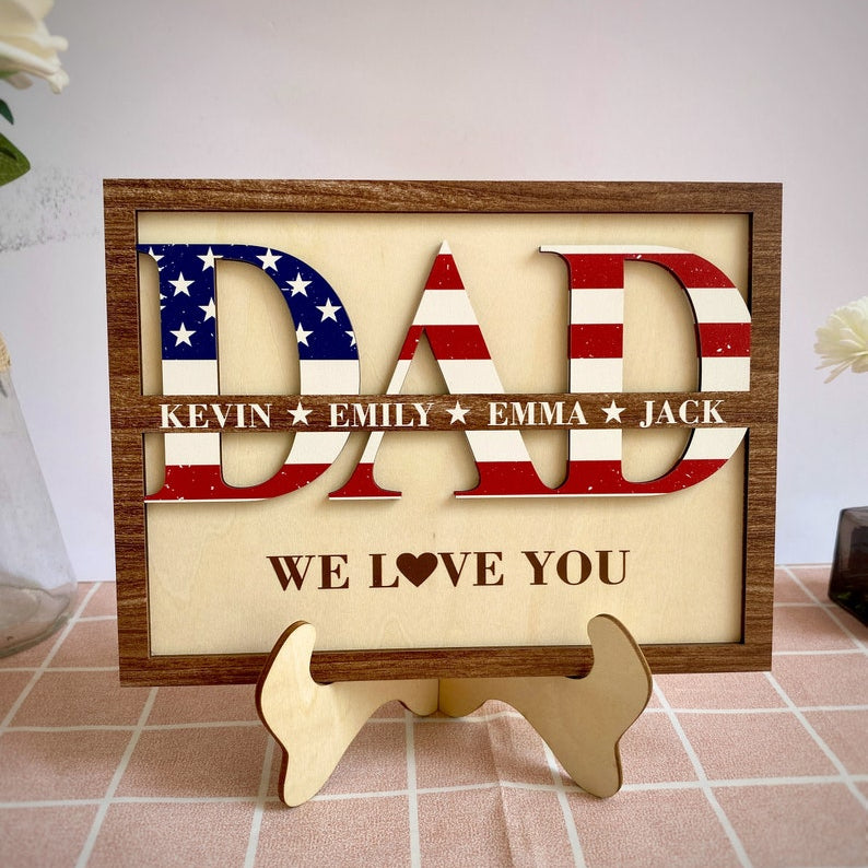 Personalized Dad Sign with Kids' Names, Custom Gift For Father s Day, USA Flag Wall Art for Father, Grandpa Gift, Unique Father's Day Idea