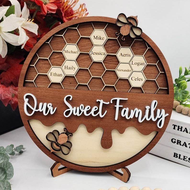 Personalized Bee Hive Family Tree Plaque, Custom Bee Family Gift For Grandma Grandbabees Sign, Mothers Day Gift Grandparents Gift Home Decor