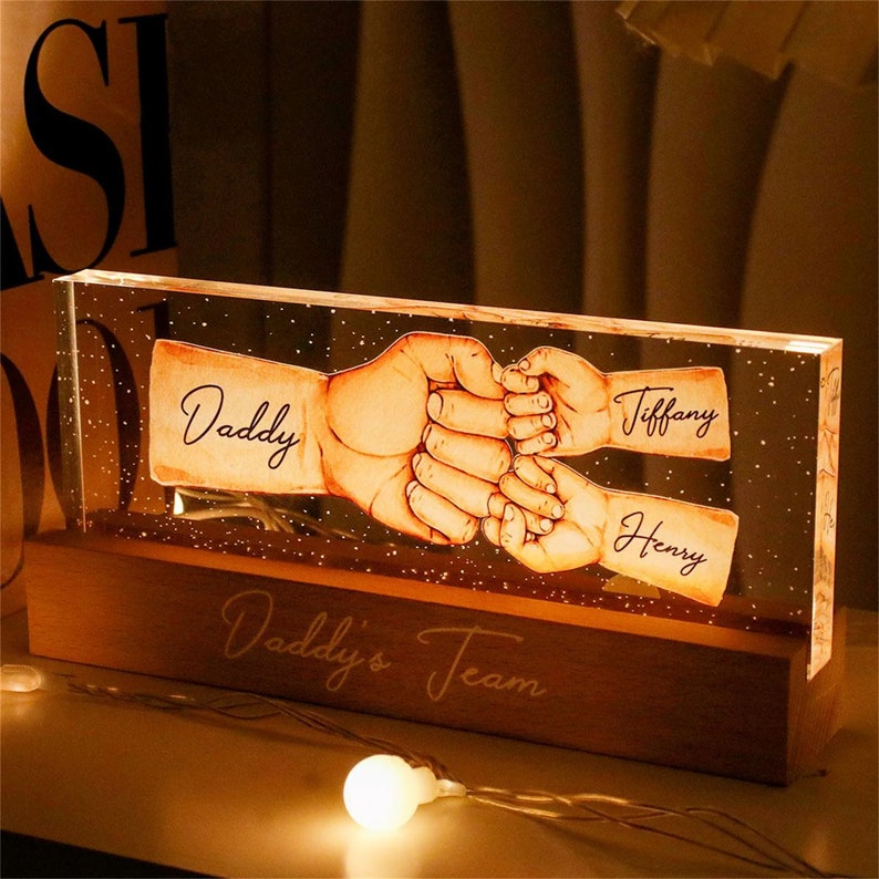 Daddy's Team Fist Bump Personalized Acrylic LED Night Light, Father's Day Gift For Dad, For Grandpa, For Husband