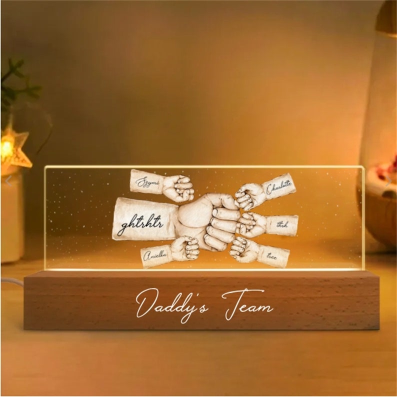 Daddy's Team Fist Bump Personalized Acrylic LED Night Light, Father's Day Gift For Dad, For Grandpa, For Husband