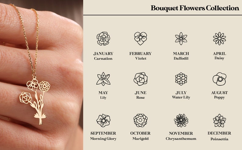 Birth Flower Bouquet Necklace: Personalized Multiple Birth Flower Bouquet Necklace, Personalized Gift, Birth flower Family Gift, Mothers Day Gifts