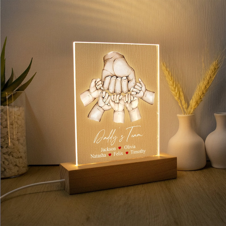 Personalized Fist Bump Daddys Team Acrylic Night Light, Custom Fist Bump Family Hand 3D LED Light Wooden Base, Father's Day Gift