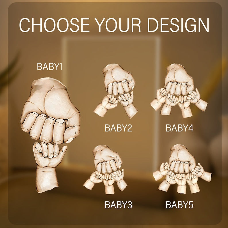 Personalized Fist Bump Daddys Team Acrylic Night Light, Custom Fist Bump Family Hand 3D LED Light Wooden Base, Father's Day Gift