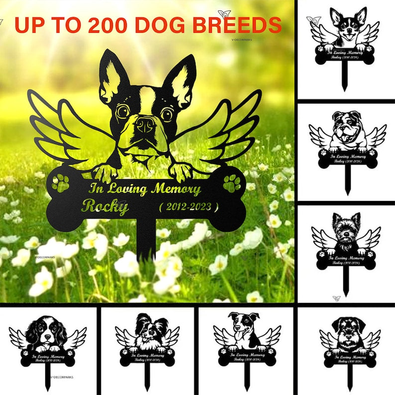 Personalized Dog with Wings Memorial Stake, Custom Dog Metal Garden Stake, Sympathy Sign, Pet Grave Marker, Remembrance Stake, Dog Loss Gift