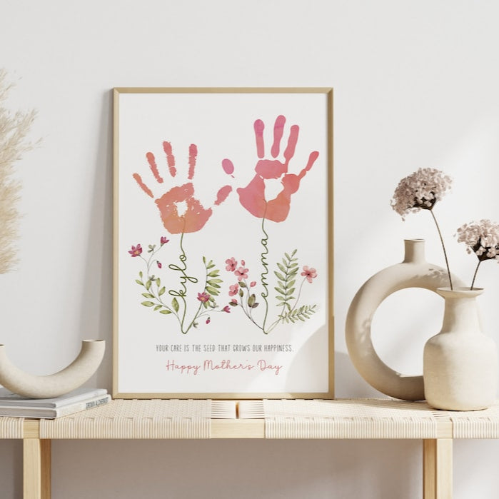 Personalized Mothers Day Handprint Art for Mom Birthday Gift Canvas. Flower Handprint craft for mom. Printable handprint gift for Mom, Grandma, Nana