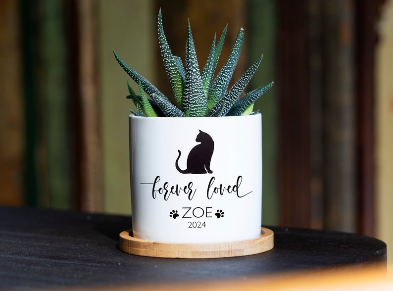 Personalized Cat Memorial Gift Planter - White Ceramic Pot - Forever Loved - Cat Sympathy Gift, Pet Memorial, Cat Planter, Cat Loss Gifts