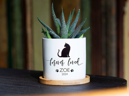 Personalized Cat Memorial Gift Planter - White Ceramic Pot - Forever Loved - Cat Sympathy Gift, Pet Memorial, Cat Planter, Cat Loss Gifts