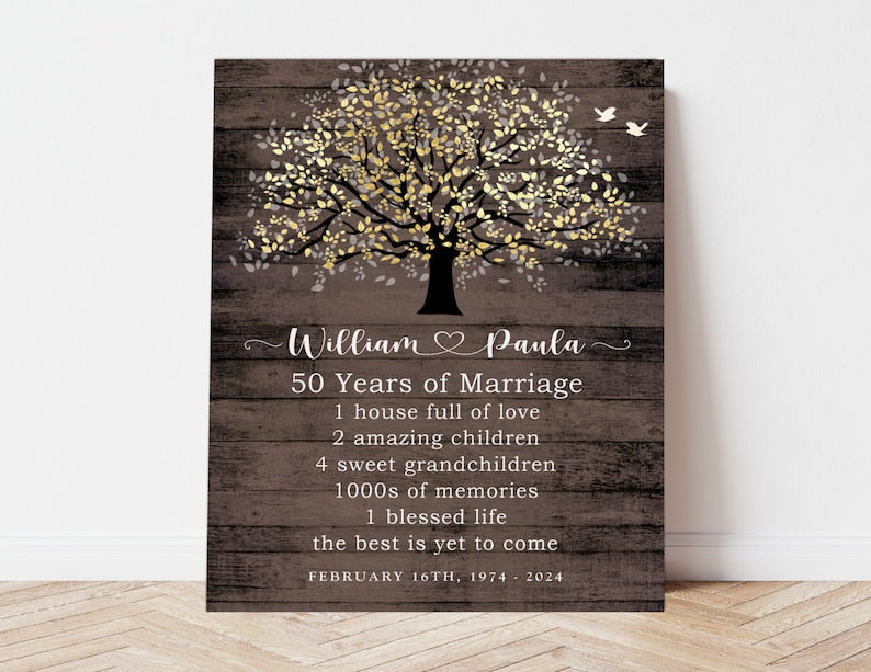 Gift for Parents Golden Anniversary, Personalized 50th Anniversary Gift, Family Tree Canvas Print, Custom Keepsake Gift Faux Gold/Wood