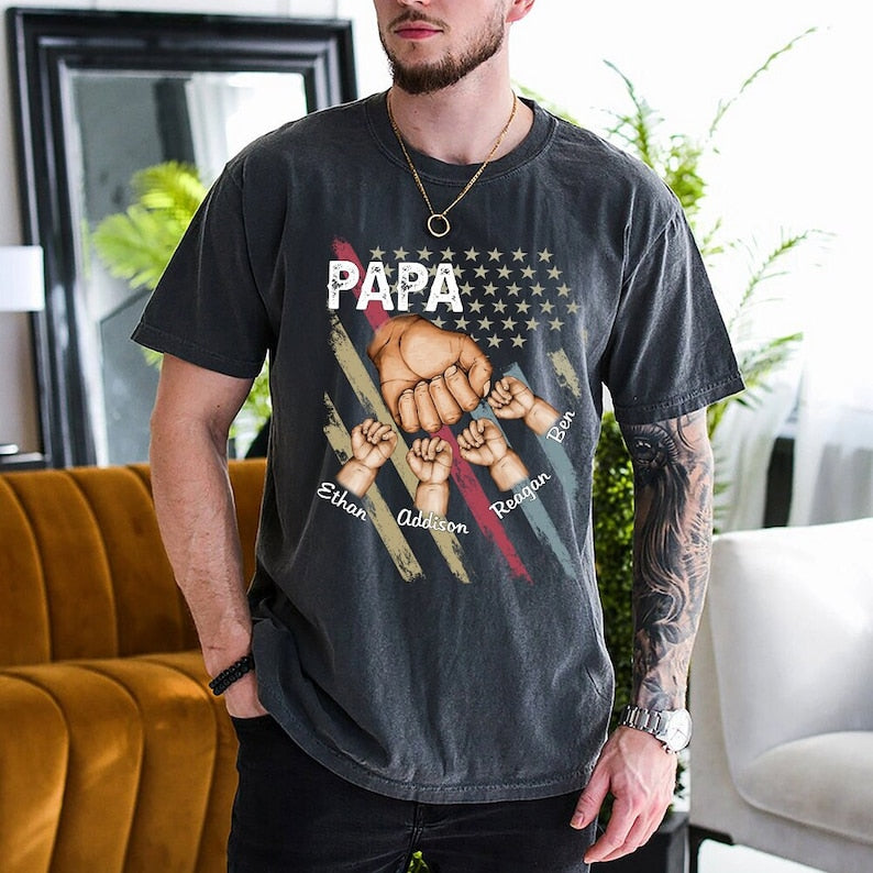 Personalized Papa Grandpa Shirt with Grandkids name Hands Flag Shirt, Custom Dad Raised Fist Bump Shirt, Custom Grandpa Father Day Gift 2024