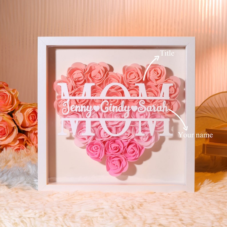 Personalized Flower Heart Shadow Box for Mom,Roses Shadowbox with Names,Custom Frame Gift for Mother's Day,Gift for Mom and Grandma Nana