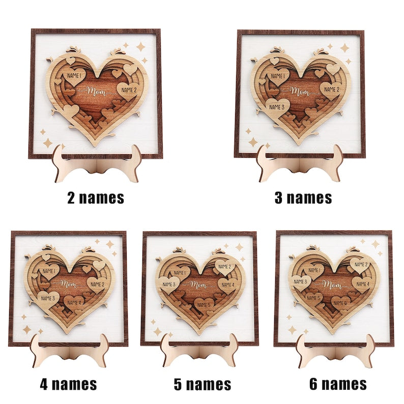 Heart Wooden Sign, Personalized Gift for Mom, Family Name Wood Plaque, Kids Names Sign, Mother's Day Gift From Kids, Mom Birthday Gift
