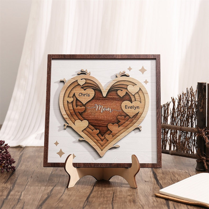 Heart Wooden Sign, Personalized Gift for Mom, Family Name Wood Plaque, Kids Names Sign, Mother's Day Gift From Kids, Mom Birthday Gift