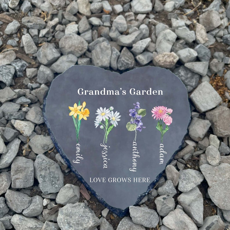 Personalized Garden Stone, Mothers Day Gifts for Grandma with Grandkid's Birth Flower Gift, Heart Shape