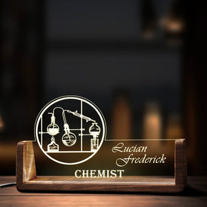 Custom Chemistry Teacher Desk Name Plate Personalized Chemist LED Light Wooden Base Acrylic Office Accessories Wood Name Sign Decor Gift