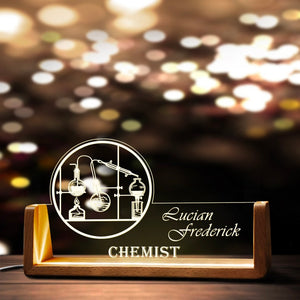 Custom Chemistry Teacher Desk Name Plate Personalized Chemist LED Light Wooden Base Acrylic Office Accessories Wood Name Sign Decor Gift