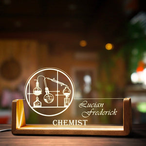 Custom Chemistry Teacher Desk Name Plate Personalized Chemist LED Light Wooden Base Acrylic Office Accessories Wood Name Sign Decor Gift