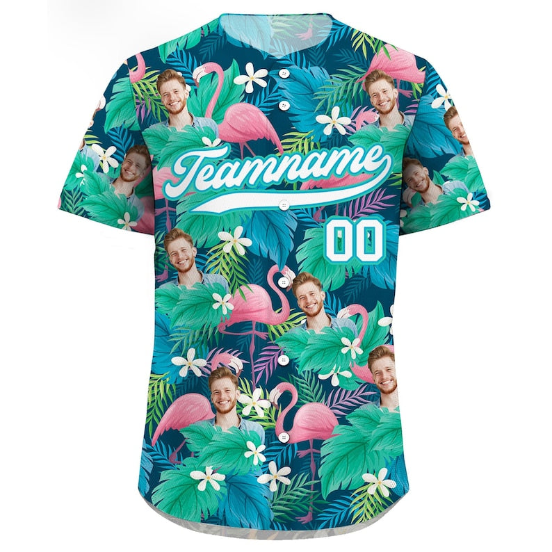 Custom Hawaiian Baseball Jersey with Face Teamname Name Number, Personalized Hawaii Floral Shirt for Men Women Youth Preschool Button Shirt