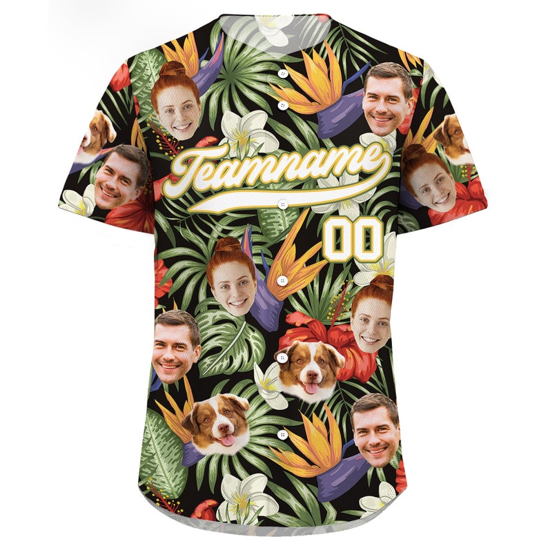 Custom Hawaiian Baseball Jersey with Face Teamname Name Number, Personalized Hawaii Floral Shirt for Men Women Youth Preschool Button Shirt