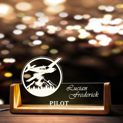 Custom Airplane Desk Name Plate Personalized Pilot LED Light Wooden Base Acrylic Office Accessories Wood Name Sign Decor Gift