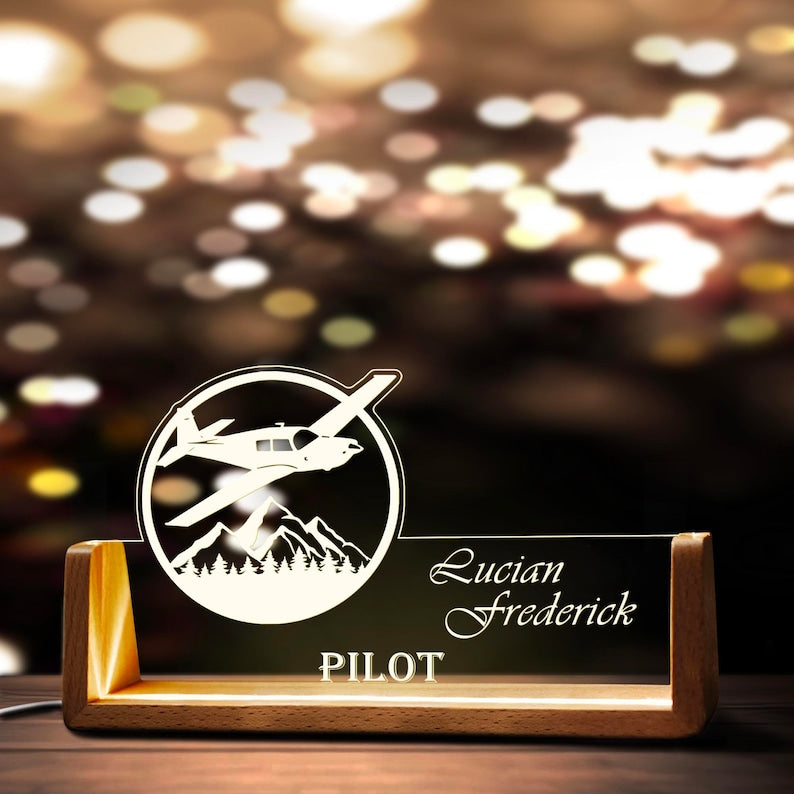 Custom Airplane Desk Name Plate Personalized Pilot LED Light Wooden Base Acrylic Office Accessories Wood Name Sign Decor Gift