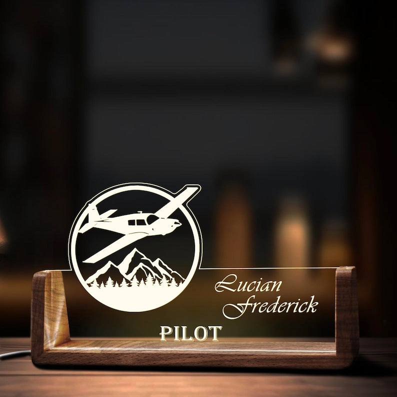 Custom Airplane Desk Name Plate Personalized Pilot LED Light Wooden Base Acrylic Office Accessories Wood Name Sign Decor Gift