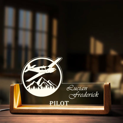 Custom Airplane Desk Name Plate Personalized Pilot LED Light Wooden Base Acrylic Office Accessories Wood Name Sign Decor Gift