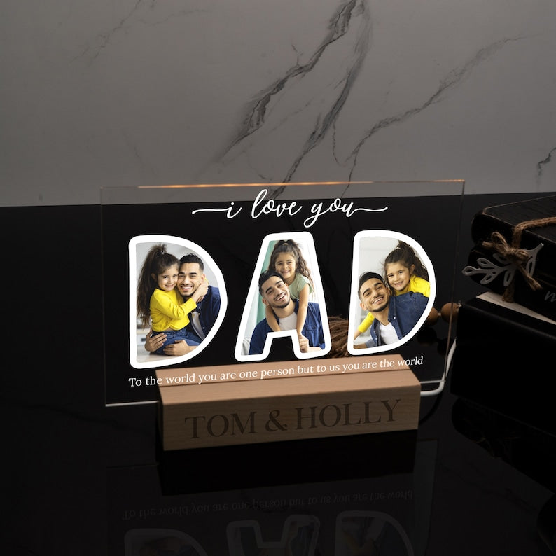 Acrylic Dad Photo Plaque with Light Wood Base, Personalized Fathers Day Gift, Gift for Him, Family Picture Sign, Gift for Dad, Acrylic Stand