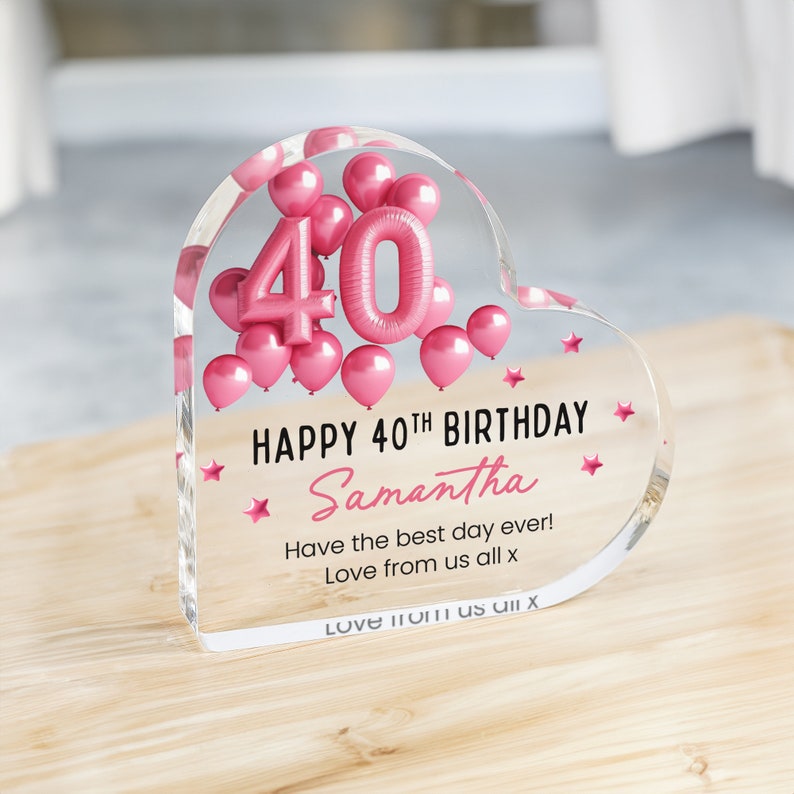 Personalised Happy 40th Birthday Gift Plaque, Birthday Gift For Her, Heart Plaque, 40th Birthday Gifts, Pink 40th Gift, Gifts for Her
