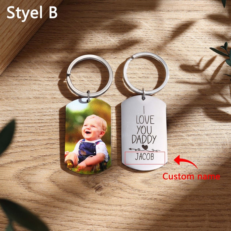 Personalized Kids Picture Keychain for Dad, Custom Name Mens Keychain Family Photo Keyring, Anniversary Gift Ideas, Father's Day Gift