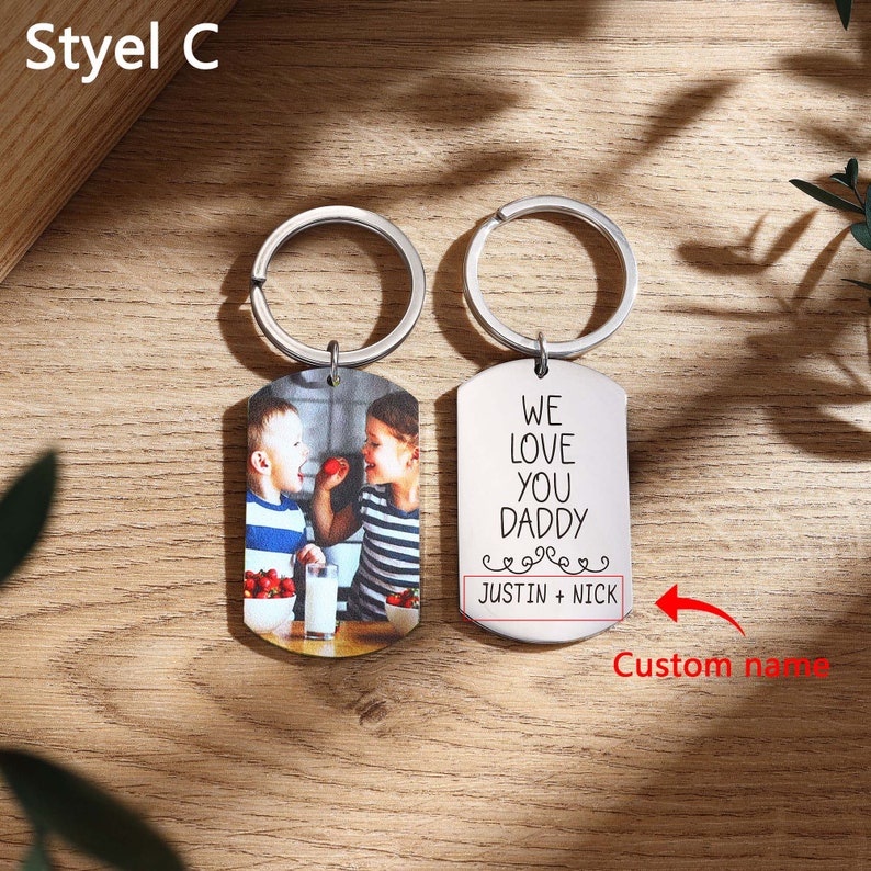 Personalized Kids Picture Keychain for Dad, Custom Name Mens Keychain Family Photo Keyring, Anniversary Gift Ideas, Father's Day Gift