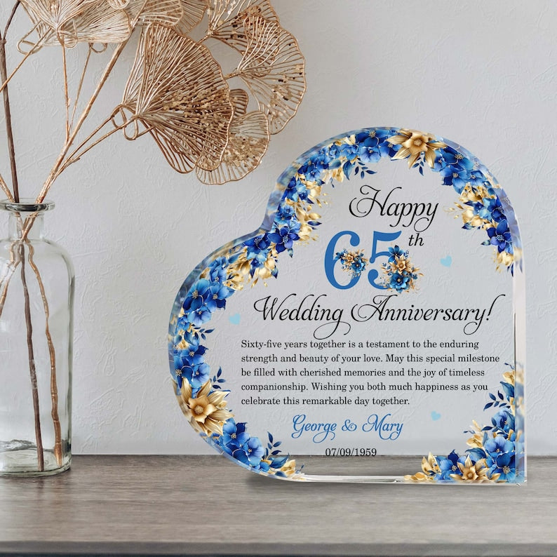 Personalized 65th Wedding Anniversary Gift Heart Acrylic Plaque, 65th Wedding Gifts For Parents, Wedding Anniversary Gift, Husband Gift