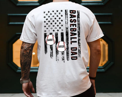 Personalized Baseball Dad US Flag Shirt, Custom Baseball Season Shirt for Dad, Game Day Shirt, Baseball Dad Gift