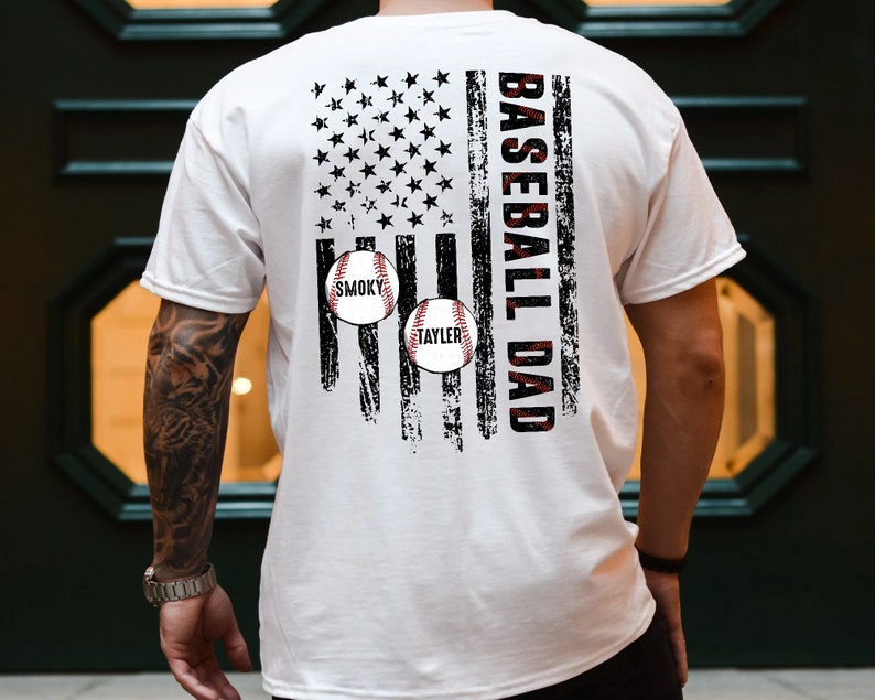 Personalized Baseball Dad US Flag Shirt, Custom Baseball Season Shirt for Dad, Game Day Shirt, Baseball Dad Gift
