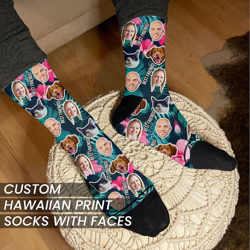 Custom Hawaiian Shirt Style Socks with Faces - Personalized, Unique Photo Gift for Him & Her