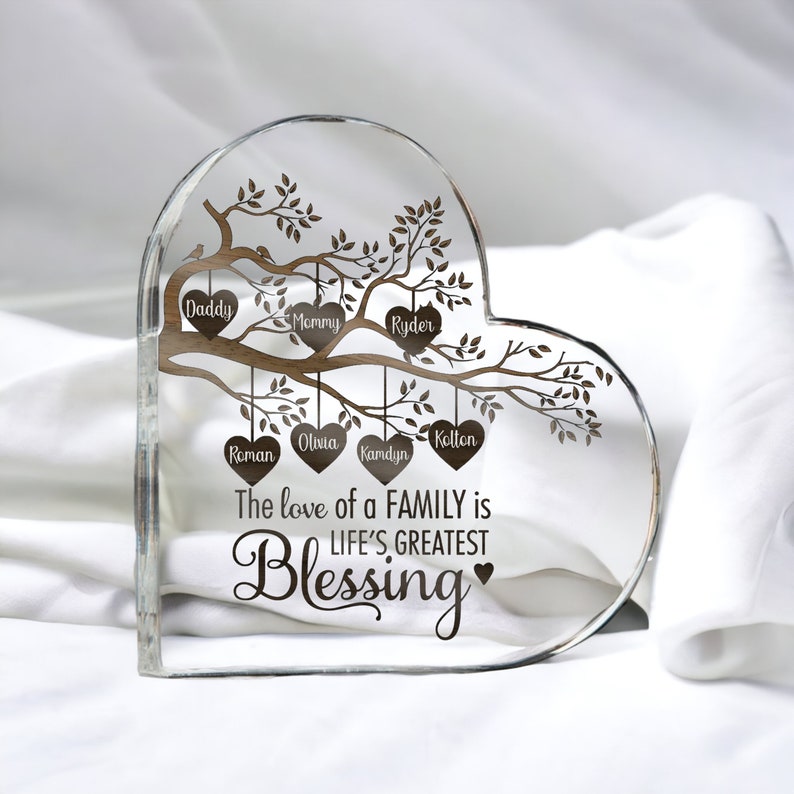 Personalized Acrylic Family Tree Plaque, Heart-Shaped Mother's Day Gift