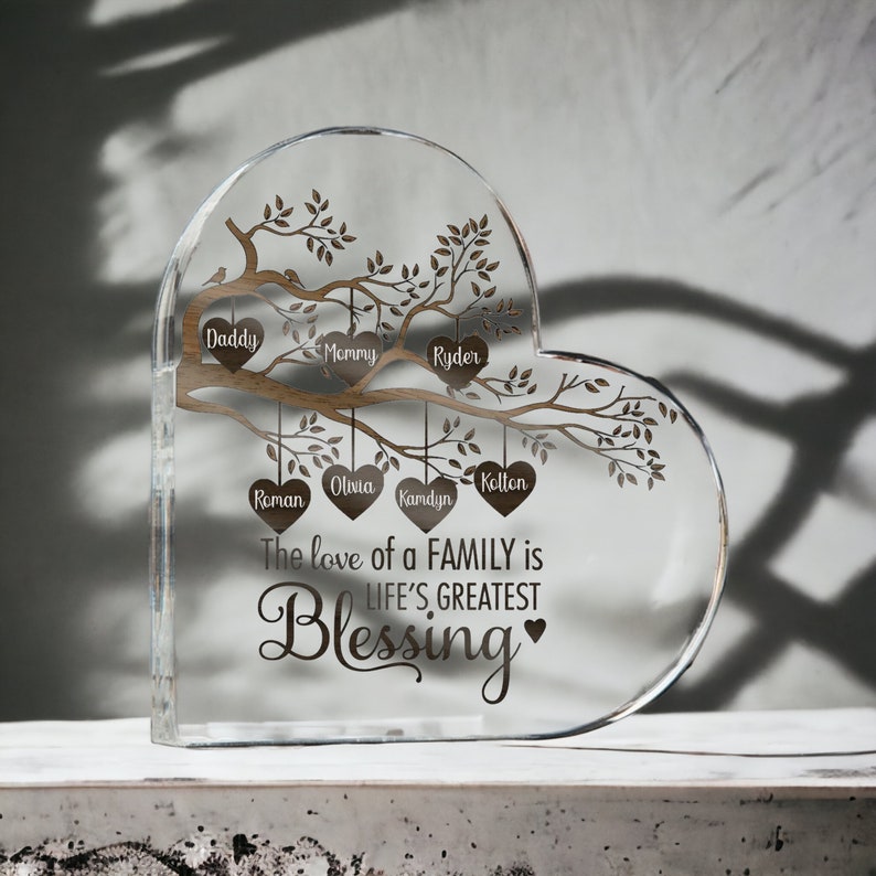 Personalized Acrylic Family Tree Plaque, Heart-Shaped Mother's Day Gift