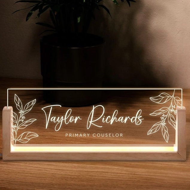 Personalized Desk Name Plate with Wooden Base, Personalized Office Light Decor, Phd Gift, Teacher Nameplate, Home Decor