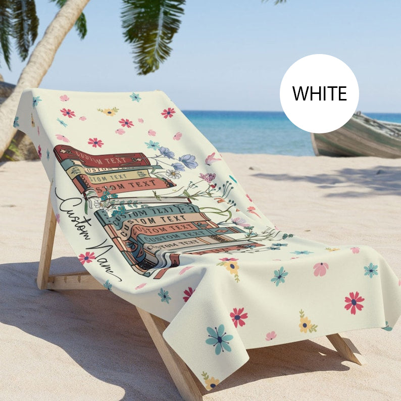 Personalized Floral Book Beach Towel, Custom Books & Name Library Gift for Book Lover, Favorite Book Reader Girl Trip Bath Pool Summer Trip