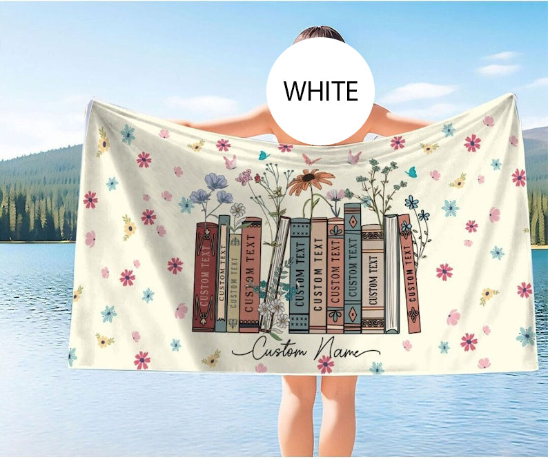 Personalized Floral Book Beach Towel, Custom Books & Name Library Gift for Book Lover, Favorite Book Reader Girl Trip Bath Pool Summer Trip