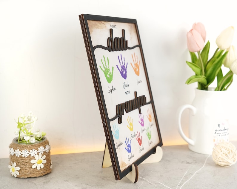 First Dad Now Grandpa - Personalized Wooden Plaque, Custom Wooden Plaque, Gift For Dad, Gift For Grandpa, Fathers Day Gift, Handprint Family