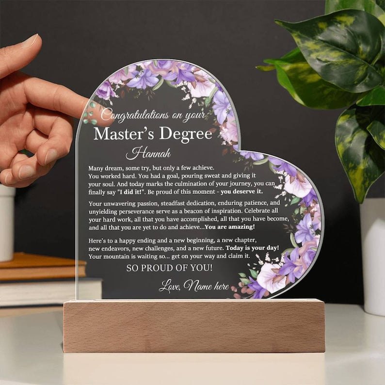 Master's Degree Graduation Gift, Master's Degree Gifts, Heart Plaque Gift for Master's Degree Graduation, Graduation Keepsake