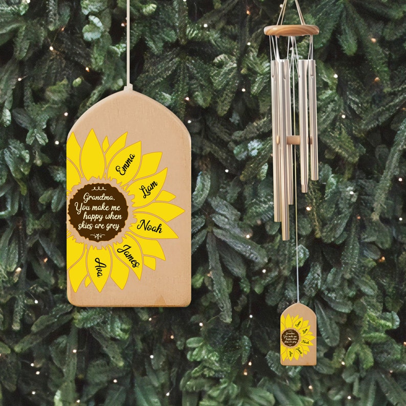Personalized Sunflower Wind Chimes, You Make Me Happy, Kids Name Sign, Mother's Day Gift, Family Wind Chime, Gift for Grandma, Mom Gift