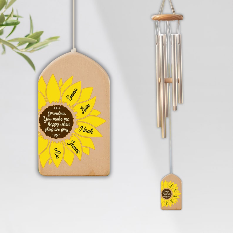 Personalized Sunflower Wind Chimes, You Make Me Happy, Kids Name Sign, Mother's Day Gift, Family Wind Chime, Gift for Grandma, Mom Gift