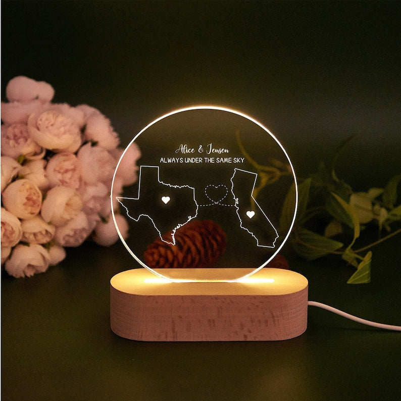 Custom Two Map Night Light, Always Under The Same Sky, Long Distance Relationship Lamp, Going Away Gift, Couple Gift Valentine's Day Gifts