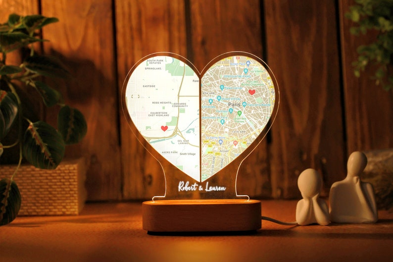Custom Two Location Heart Night Light - Personalized Map Print - Nightlight for Long Distance Love - Engaged Couples - Anniversary Gifts