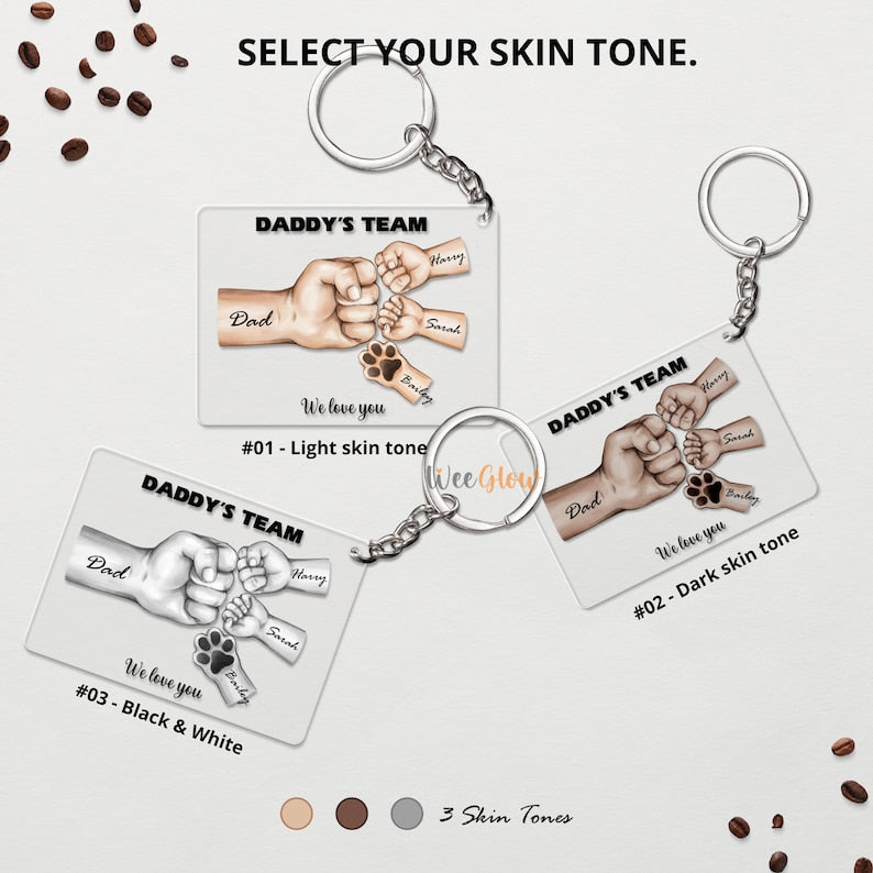 Daddy's Team Fist Bump Personalized Acrylic Keychain, Custom Keyring With Names, Fathers day Gift For Dad Grandpa From Kids Son & Daughter