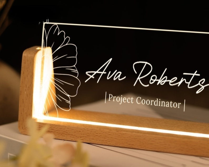 Custom Desk Name Plate with Wooden Base - Lighted Name Sign, Office Desk Accessories, New Job Gift, Thank You Gifts for Coworkers